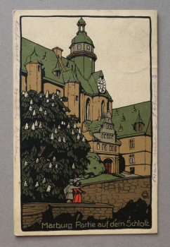 Ansichtskarte Künstler Steinzeichnung Litho AK Marburg 1920-1940 Schloss Architektur Ortsansicht Hessen
